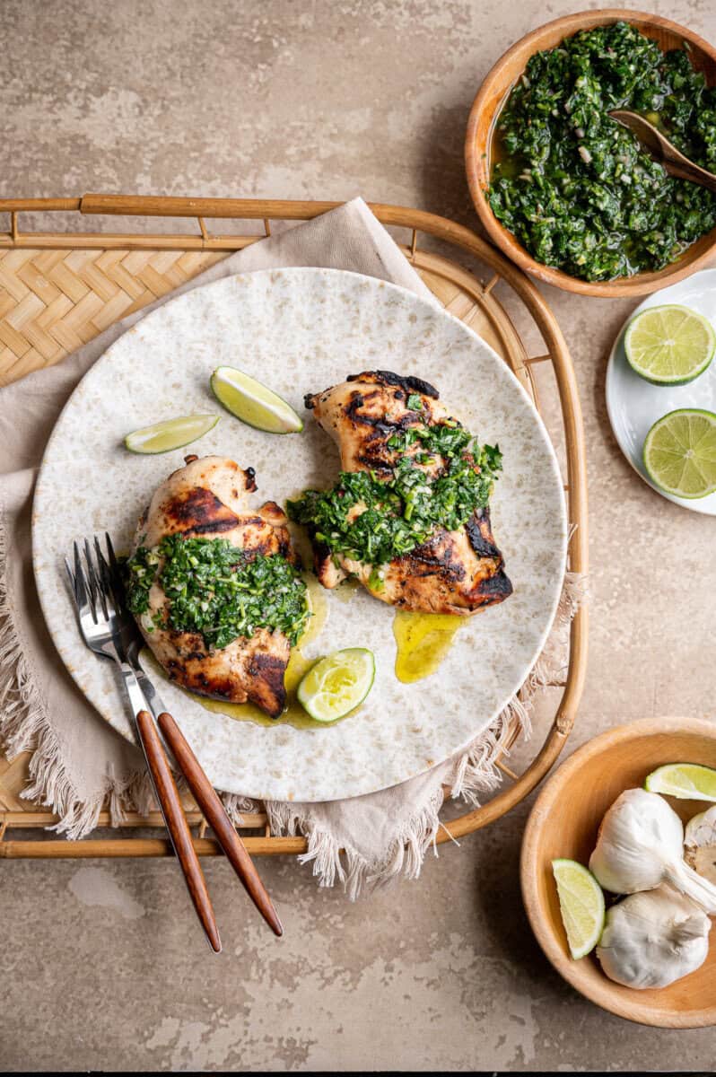 cilantro and parsley chimichurri on grilled chicken.