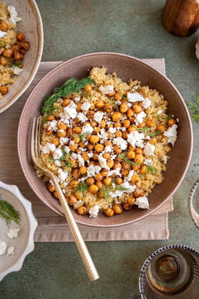 crispy chickpea dish with couscous and feta.