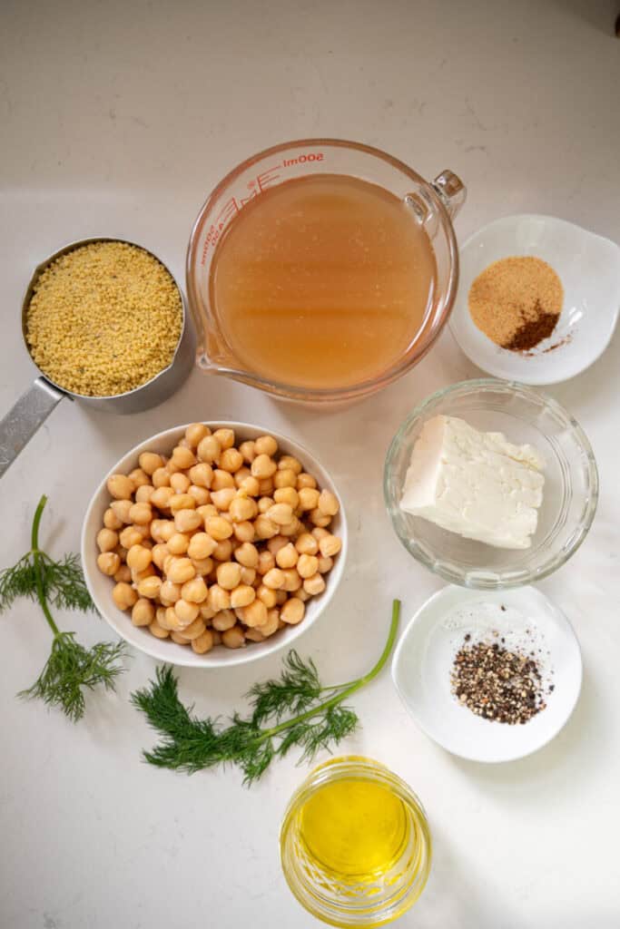 crispy chickpeas with couscous and feta ingredients.