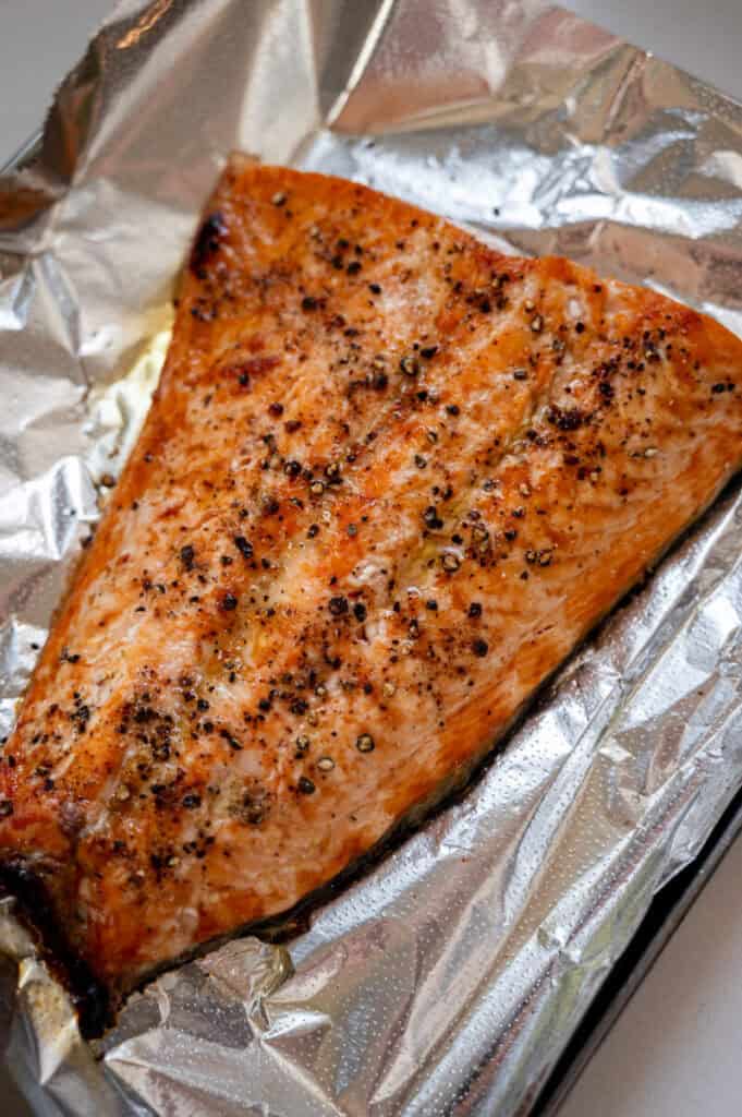 broiled salmon on foil.