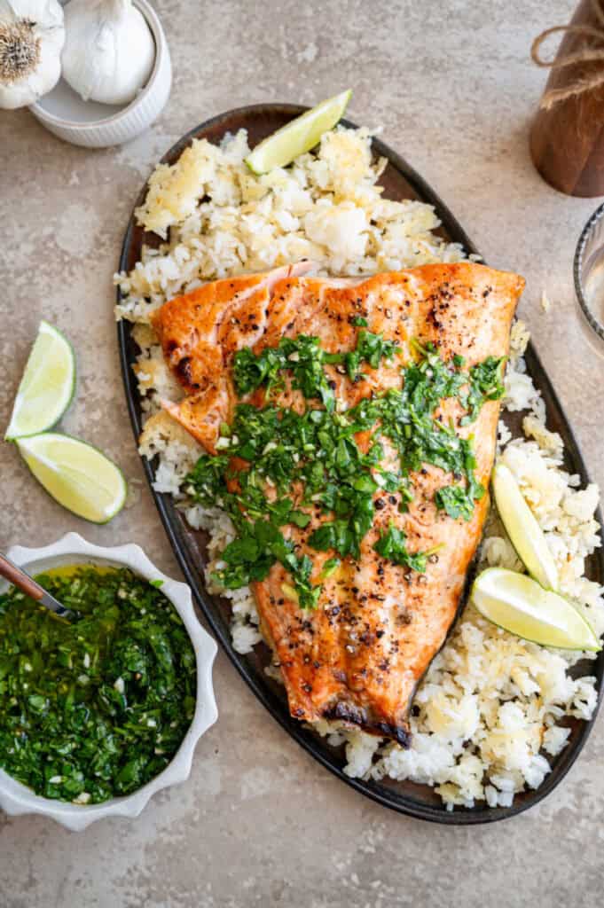 salmon with salsa verde and crispy rice.