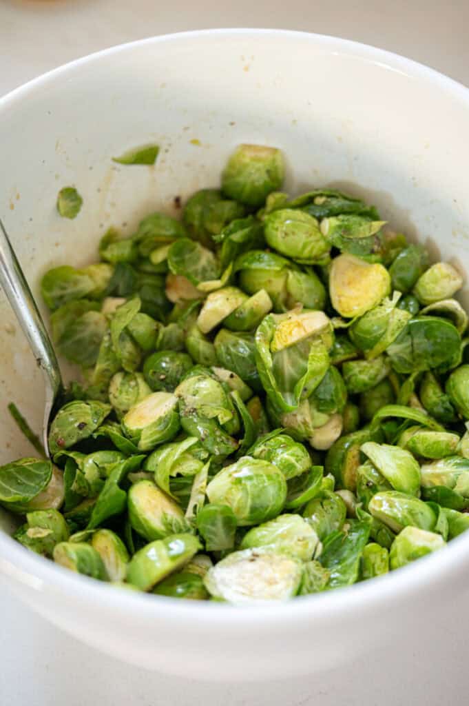 brussels sprouts in a mixing bowl.