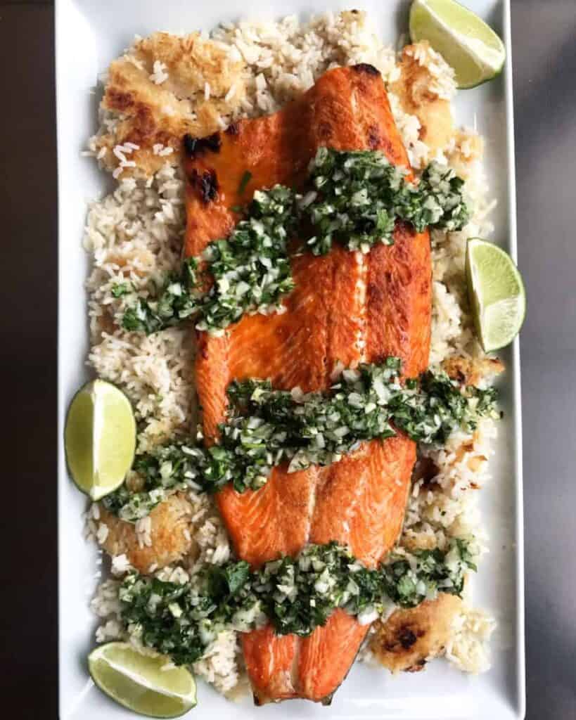 Salmon & Crispy Rice with Summer Green Salsa