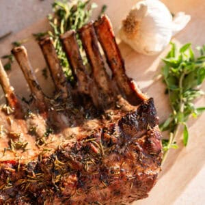 close up shot of grilled rack of lamb.