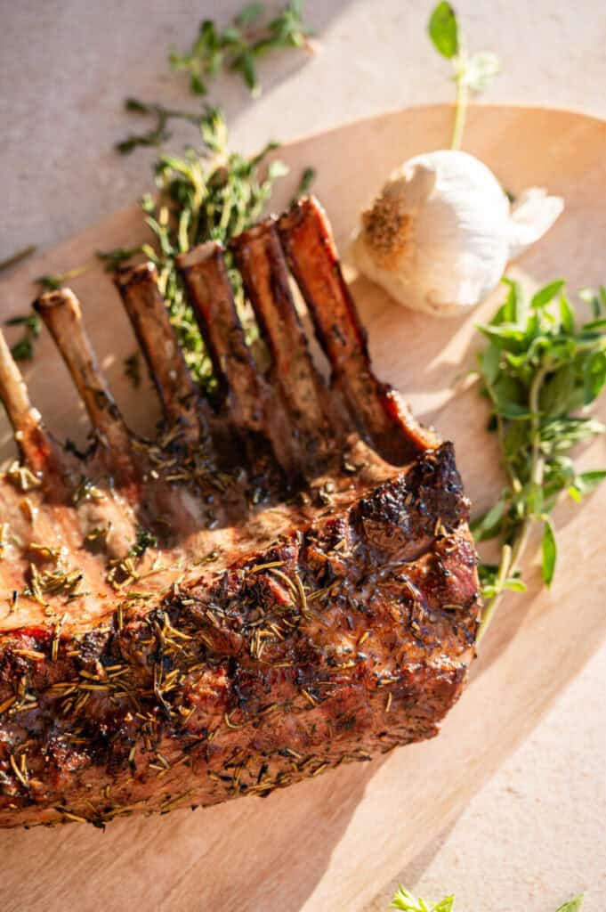 close up shot of grilled rack of lamb.