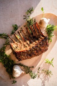 Rack of lamb on a platter.