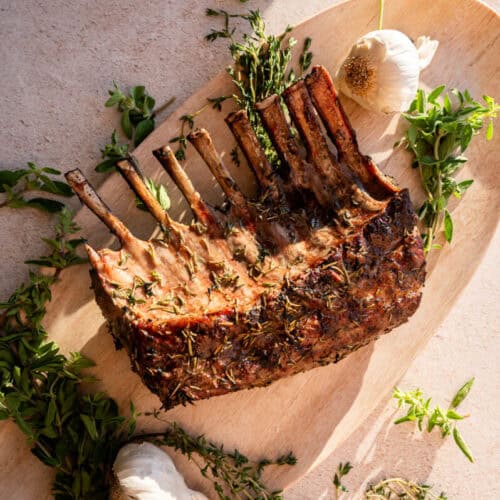 Rack of lamb on a platter.