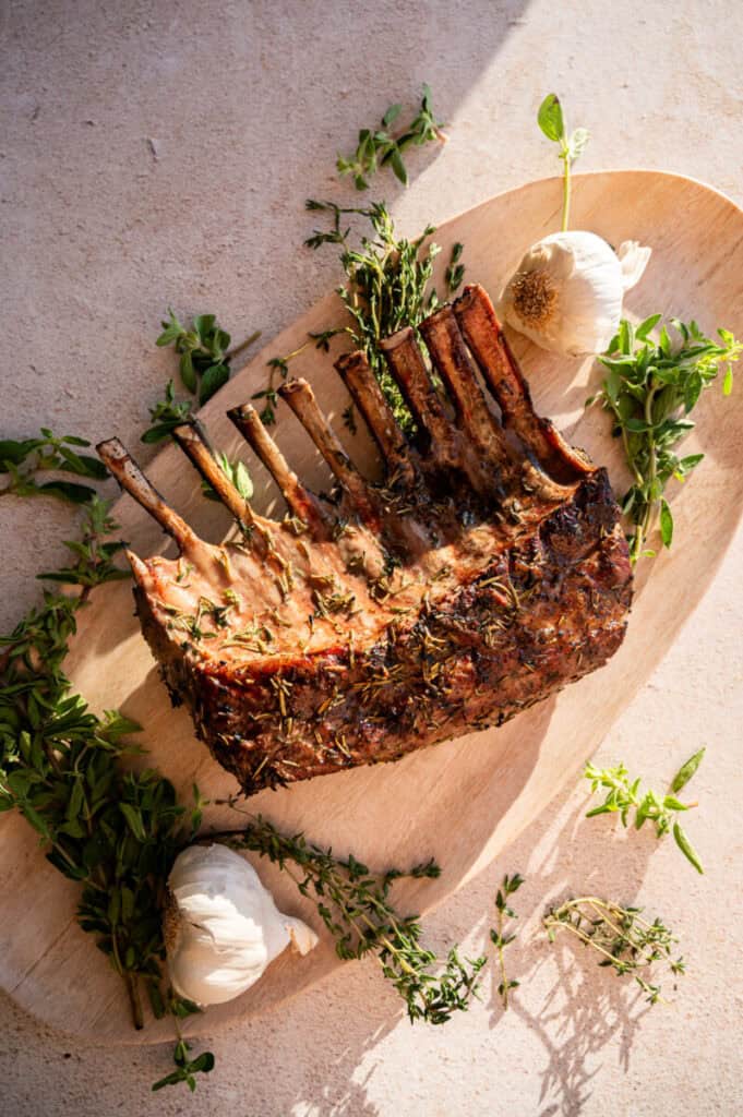 grilled rack of lamb with herbs.