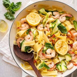 pappardelle with shrimp and zucchini.
