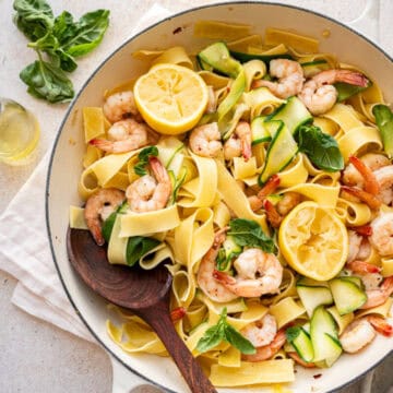 pappardelle with shrimp and zucchini.