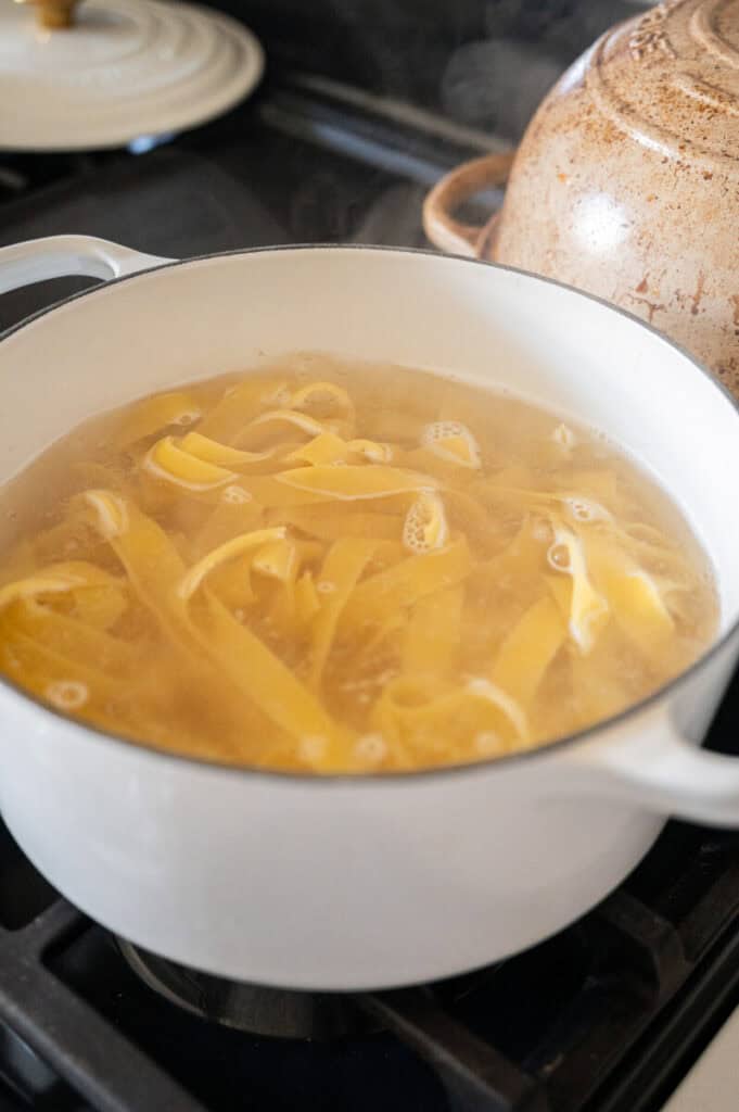 pasta cooking in a pot.