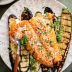 sesame salmon with grilled zucchini.