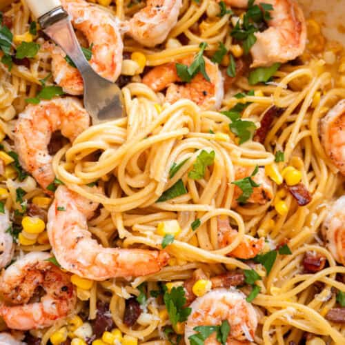 corn and shrimp carbonara.