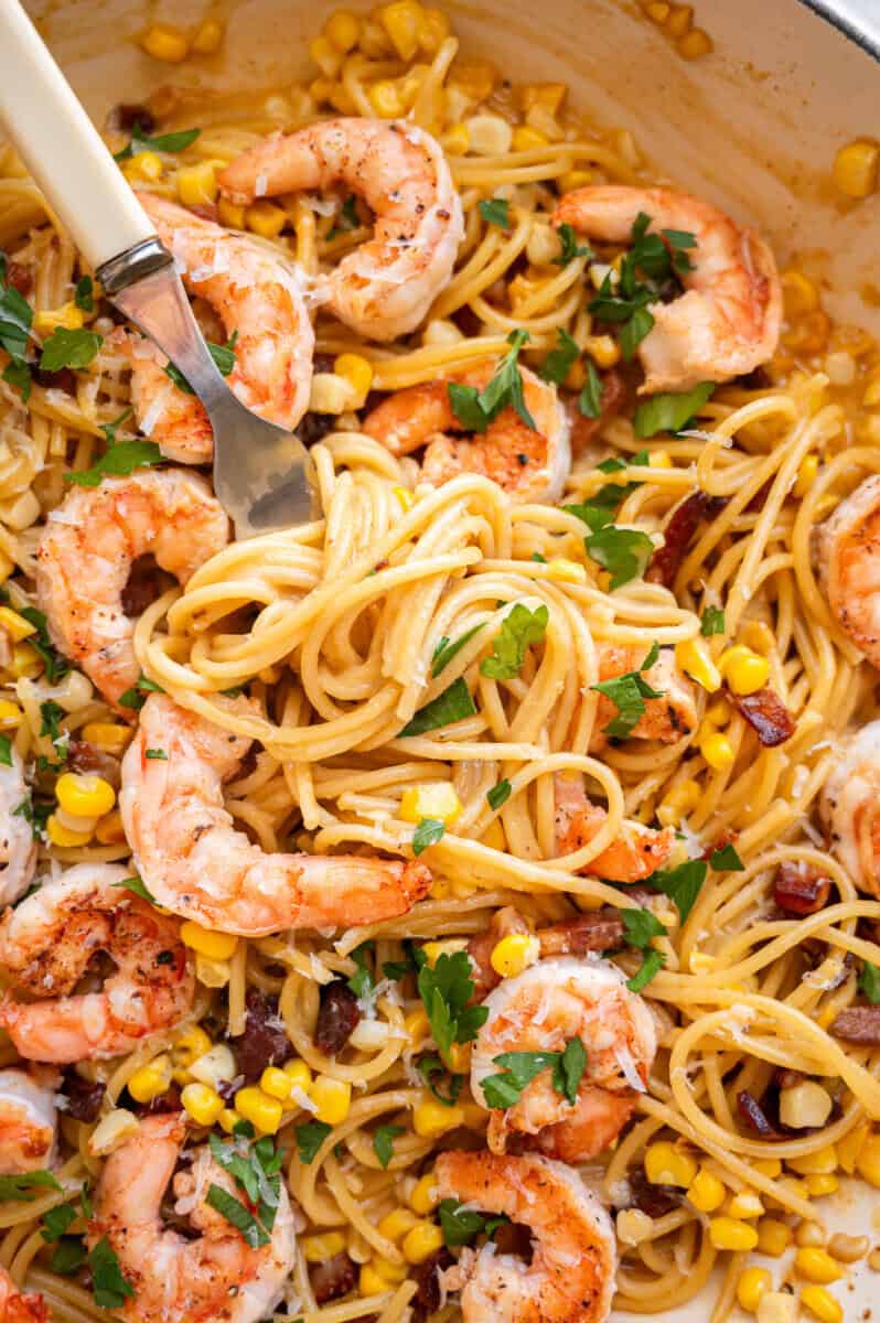 corn and shrimp carbonara.