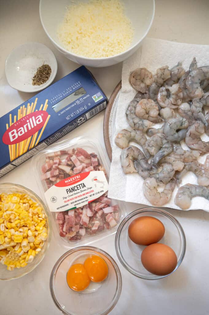 corn and shrimp carbonara ingredients.