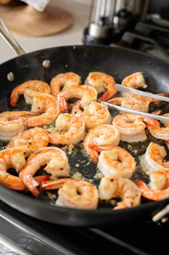 shrimp cooking in a pan.