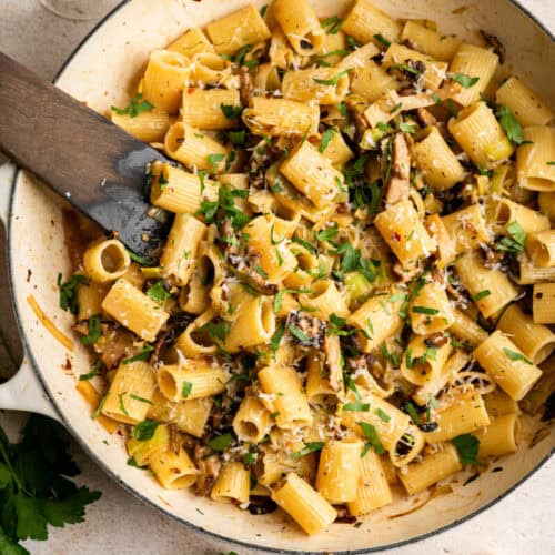 creamy leek and mushroom pasta.