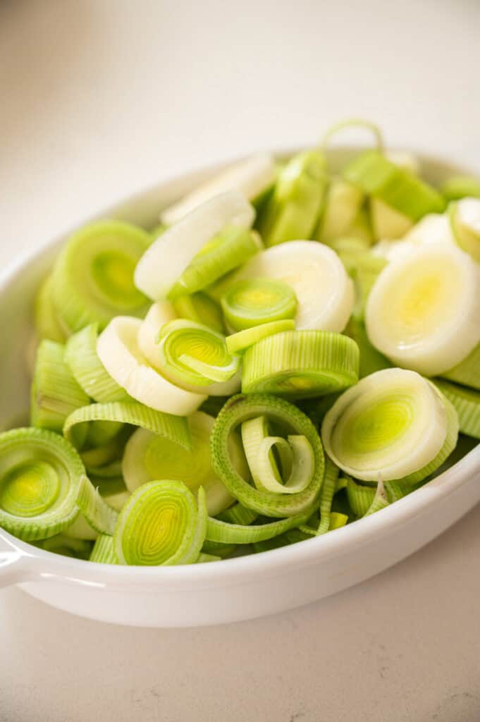 cleaned sliced leeks in a bowl.