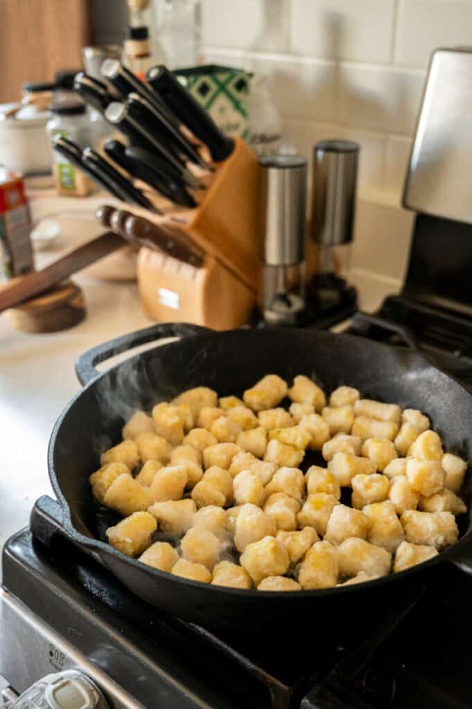 cauliflower gnocchi in a pan.