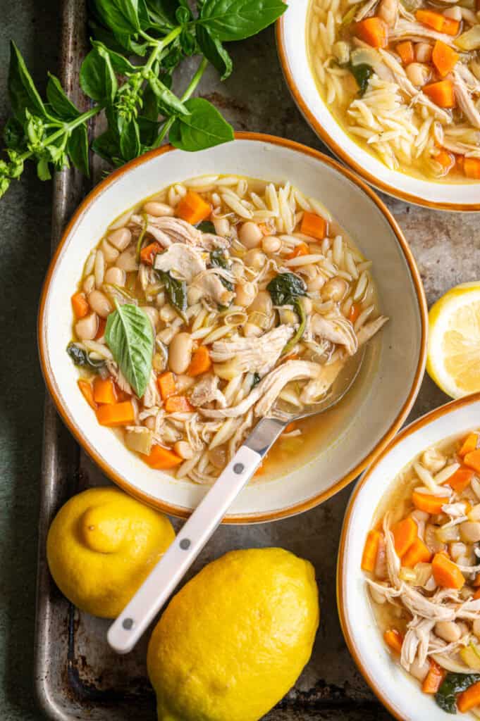 lemon chicken orzo soup in a bowl.