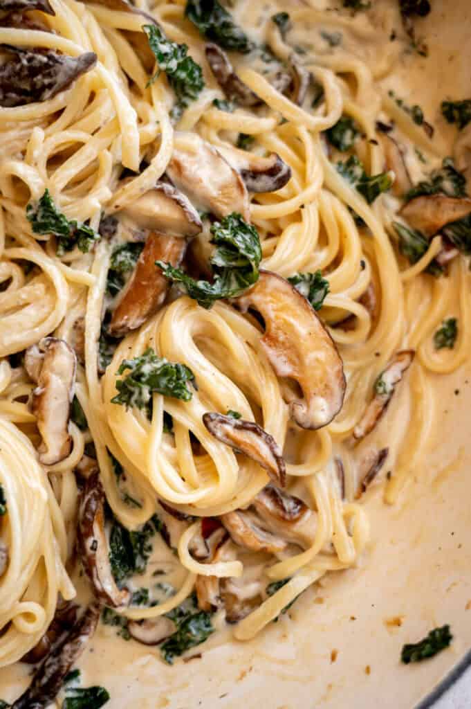 close up shot of creamy mushroom and kale pasta.