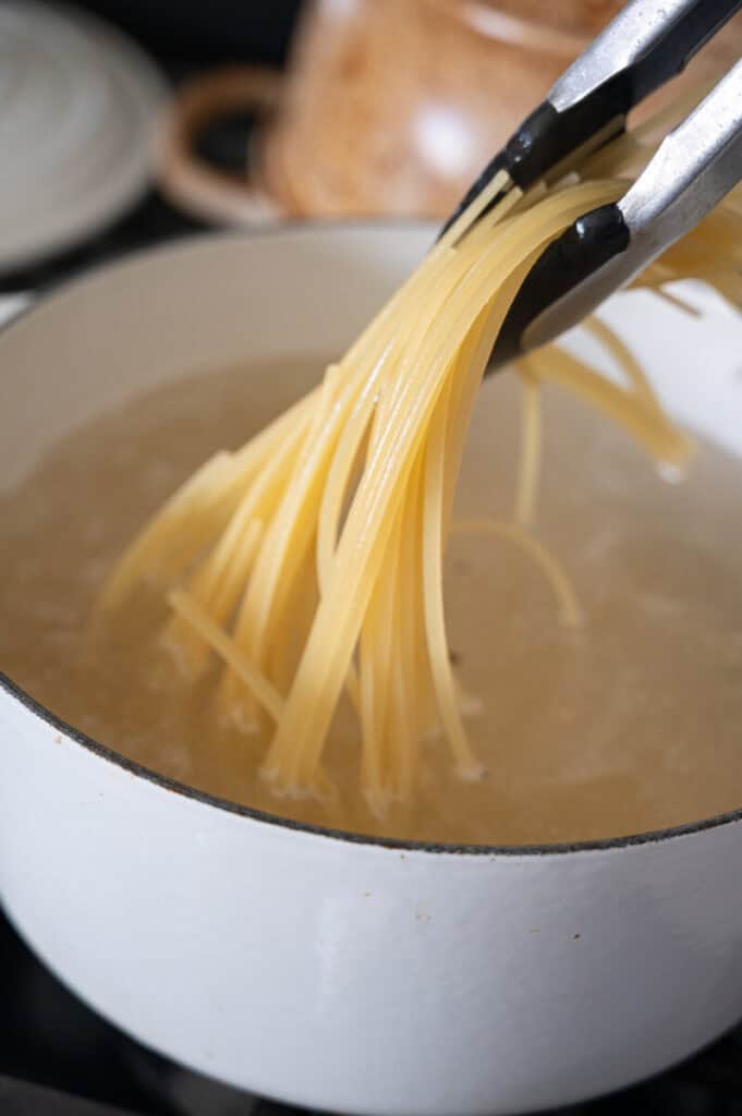 pasta cooking in a pot.