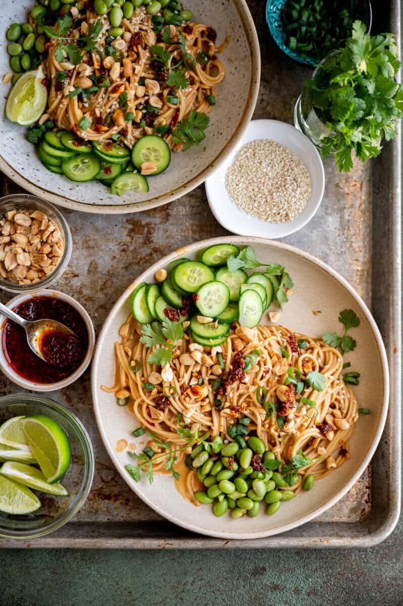 cold peanut noodles in a bowl.