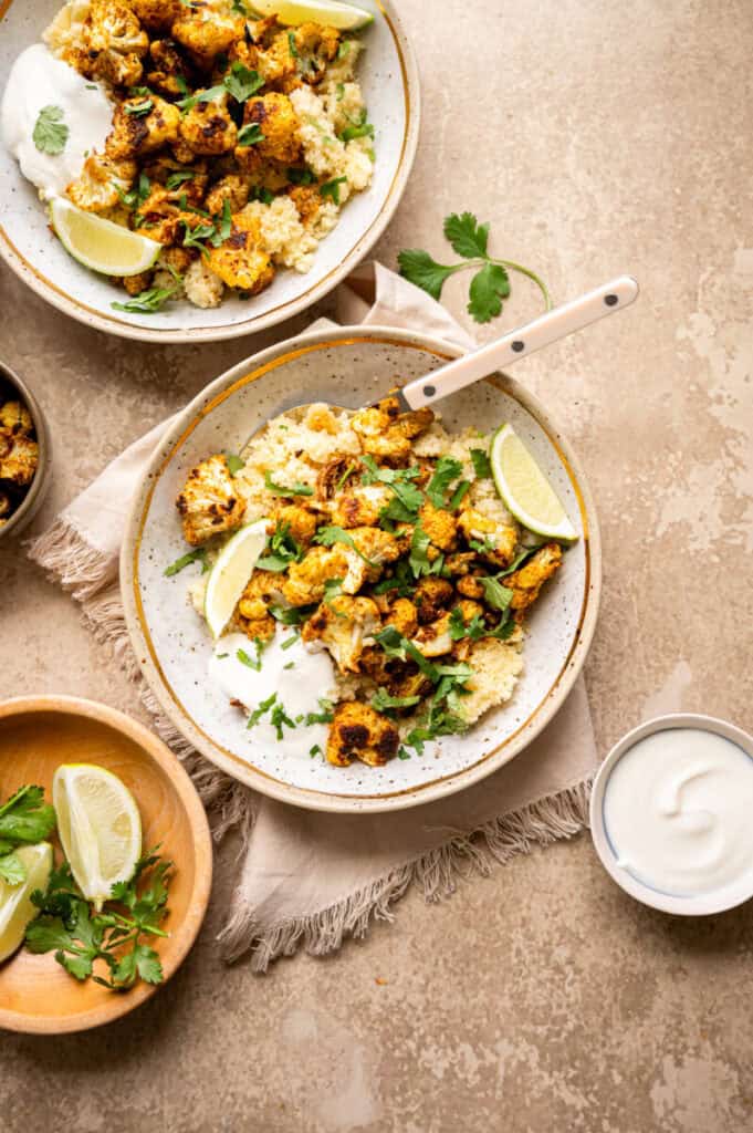 roasted curry cauliflower in a bowl.