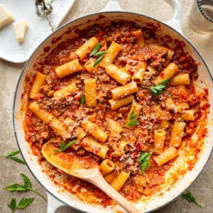 quick ragu sauce in a skillet.