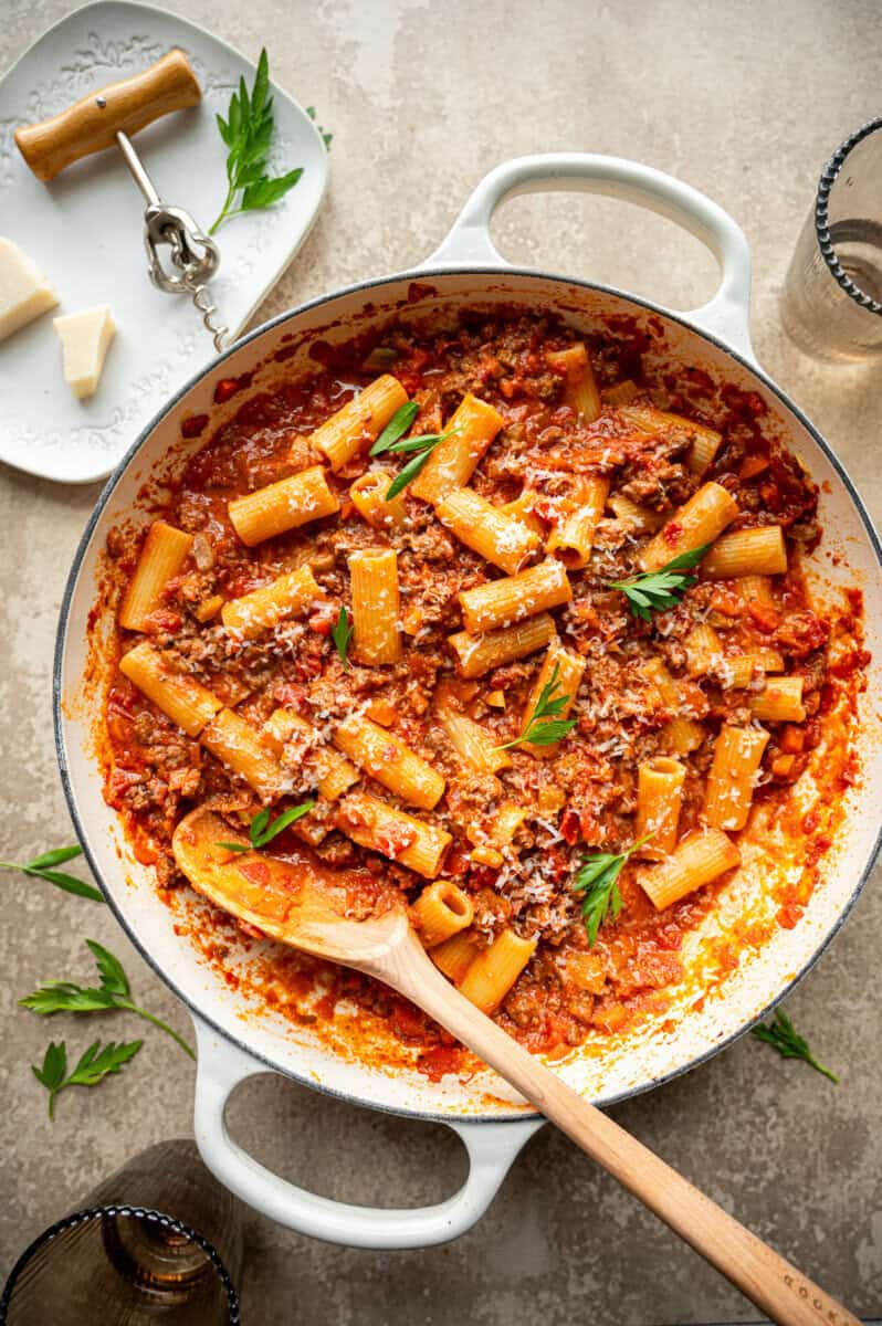 quick ragu sauce in a skillet.