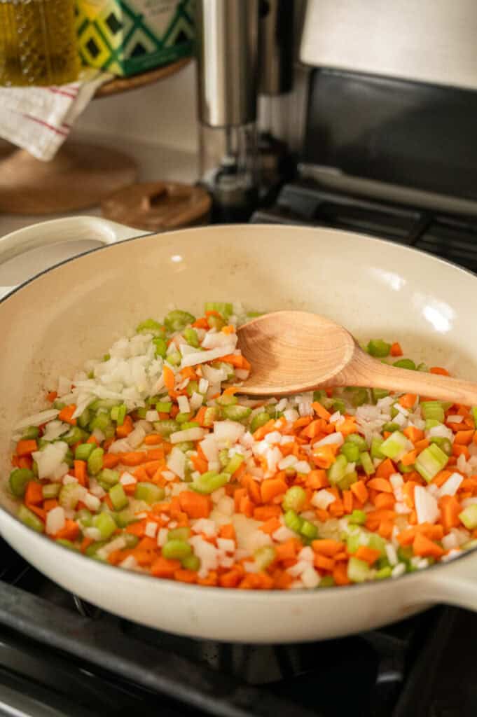 soffrito and olive oil in a skillet.