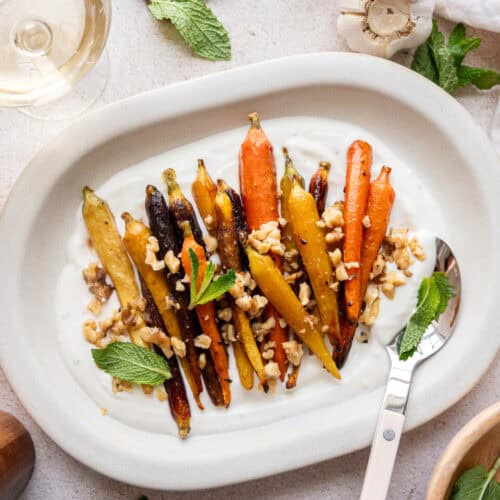 roasted carrots with walnuts, yogurt, and mint.