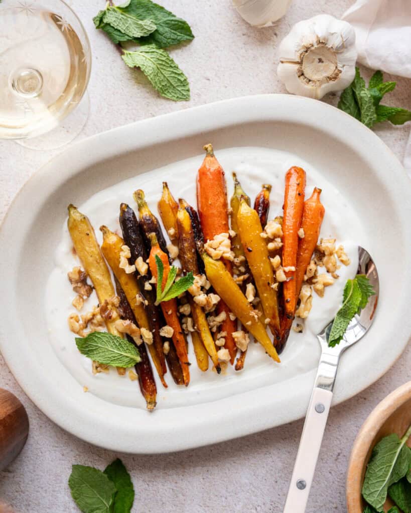 roasted carrots with yogurt, walnuts, and mint.