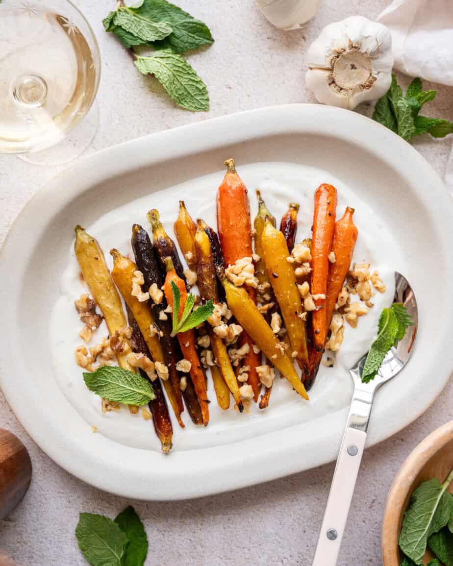 roasted carrots with walnuts, yogurt, and mint.