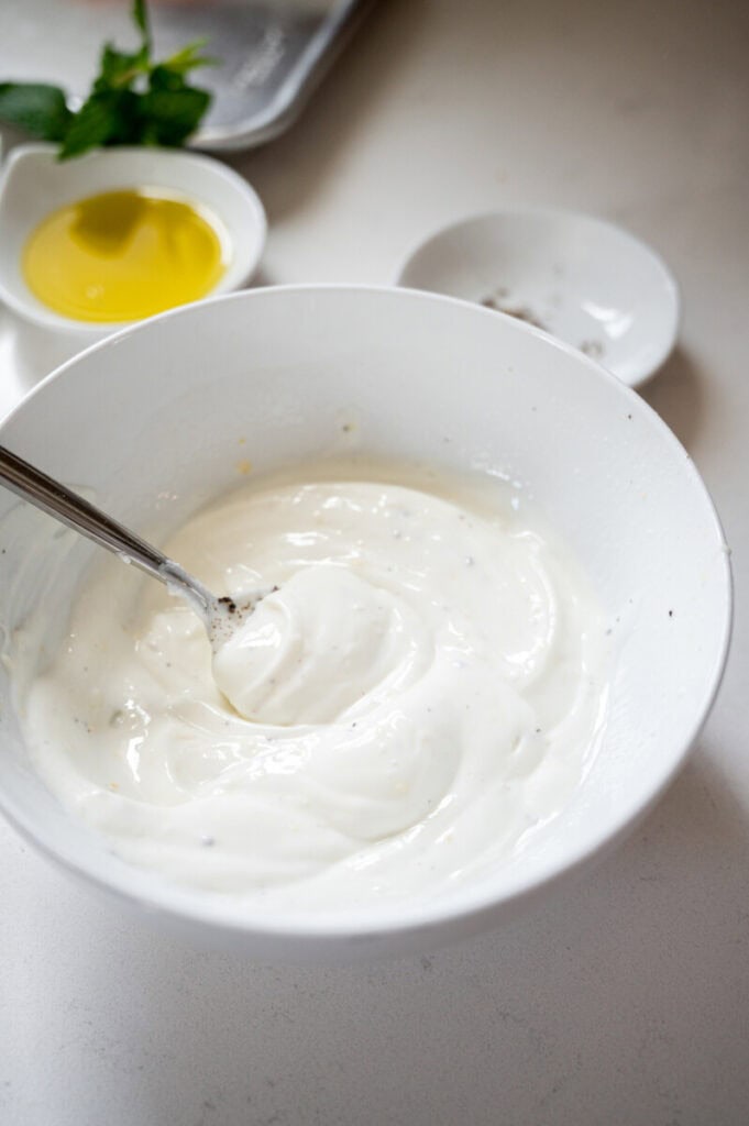 yogurt sauce in a bowl.