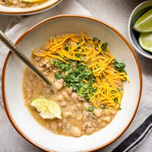 white turkey chili in a bowl.