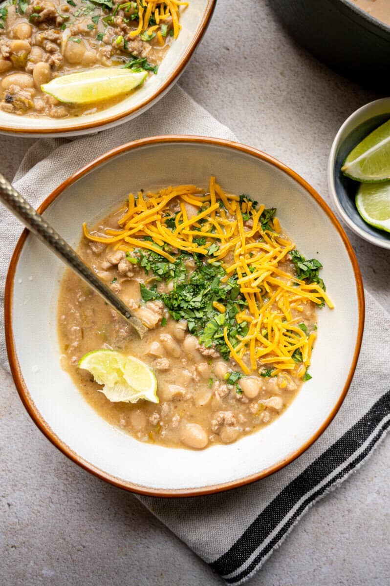 white turkey chili in a bowl.