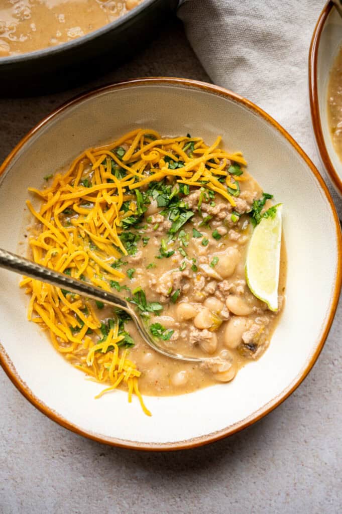 white turkey chili in a bowl.