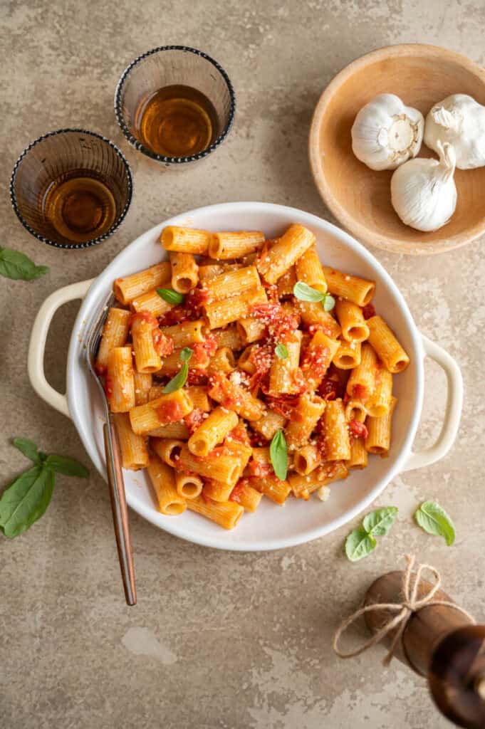 bruschetta pasta with parmesan and basil.