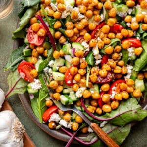 Crispy chickpea salad on a platter.