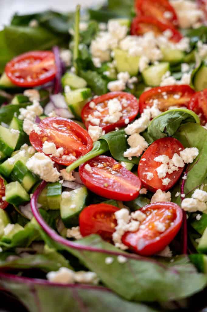 salad of mixed greens, tomatoes, red onion, cucumbers, and feta.