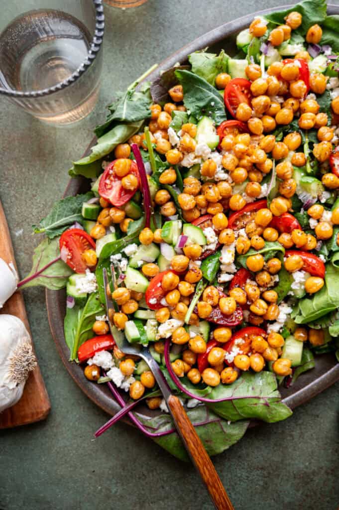 crispy chickpea salad on a platter.