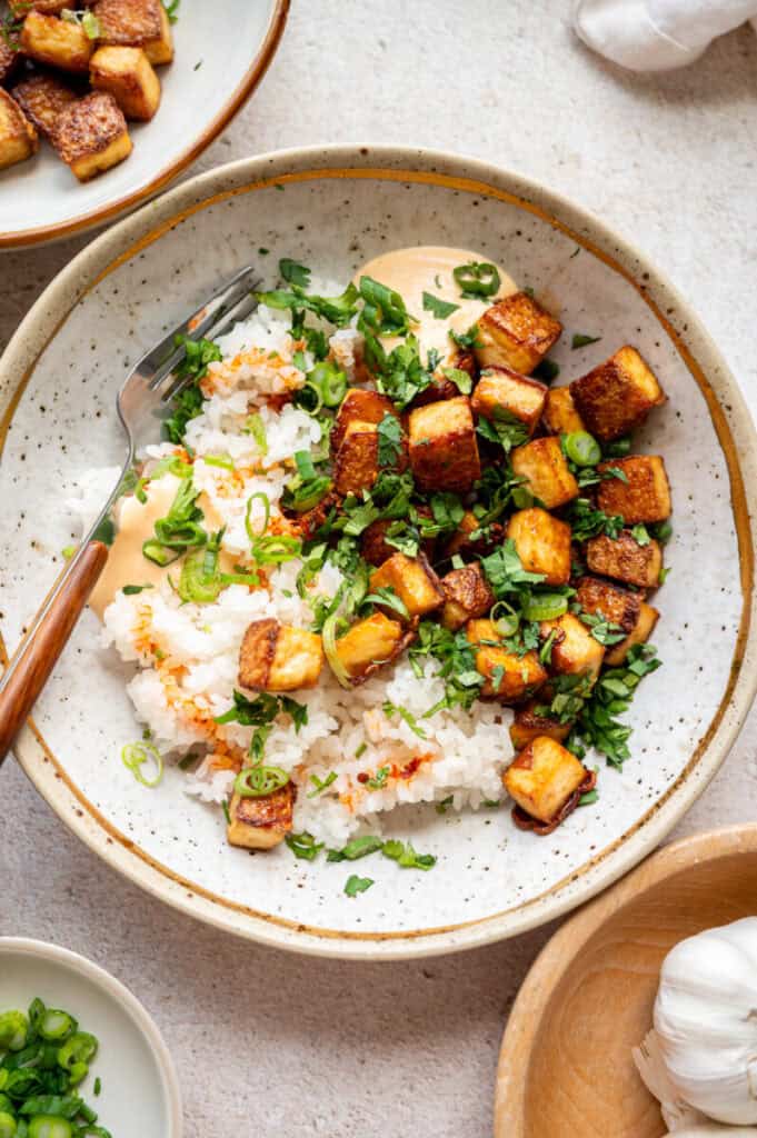 crispy tofu bowl with spicy mayo.