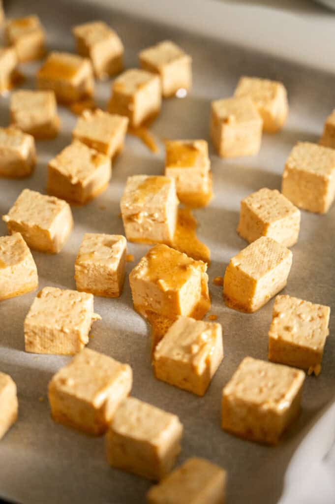 seasoned tofu on a baking sheet.