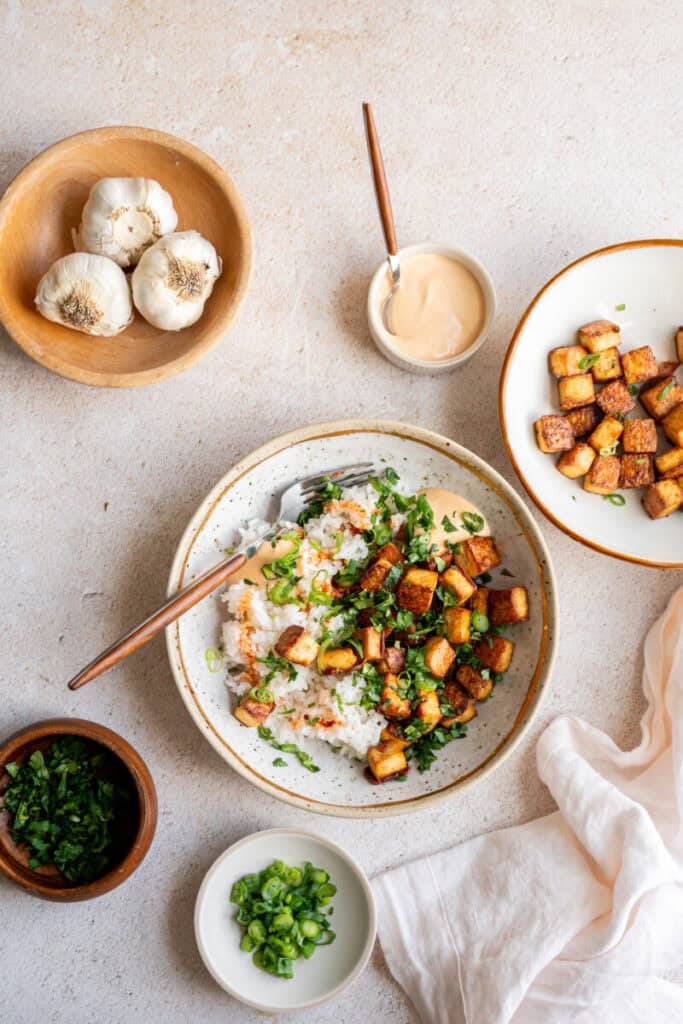 tofu bowl with rice and cilantro.