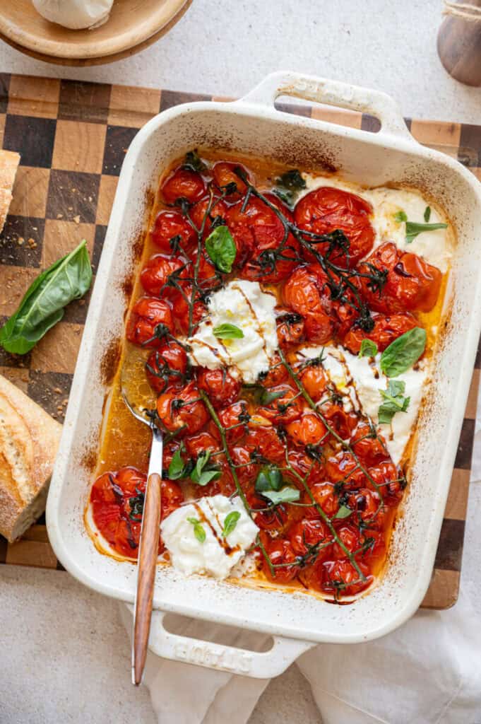 roasted tomatoes with burrata and balsamic glaze.