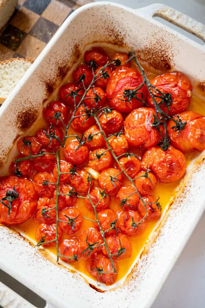 roasted tomatoes in a baking dish.