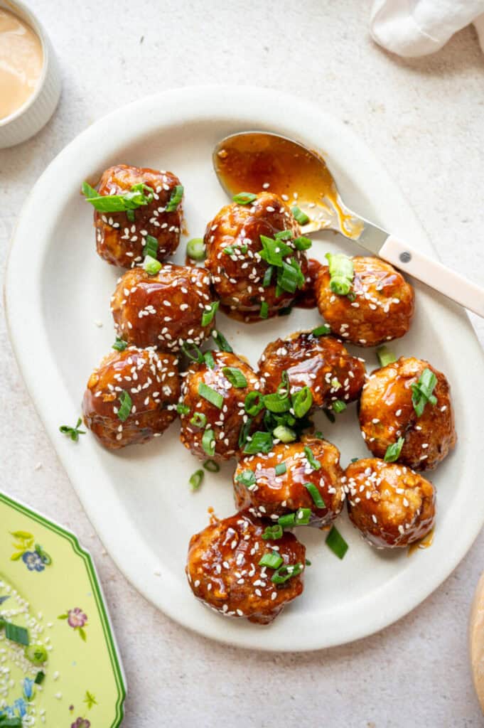 asian pork meatballs with soy glaze.