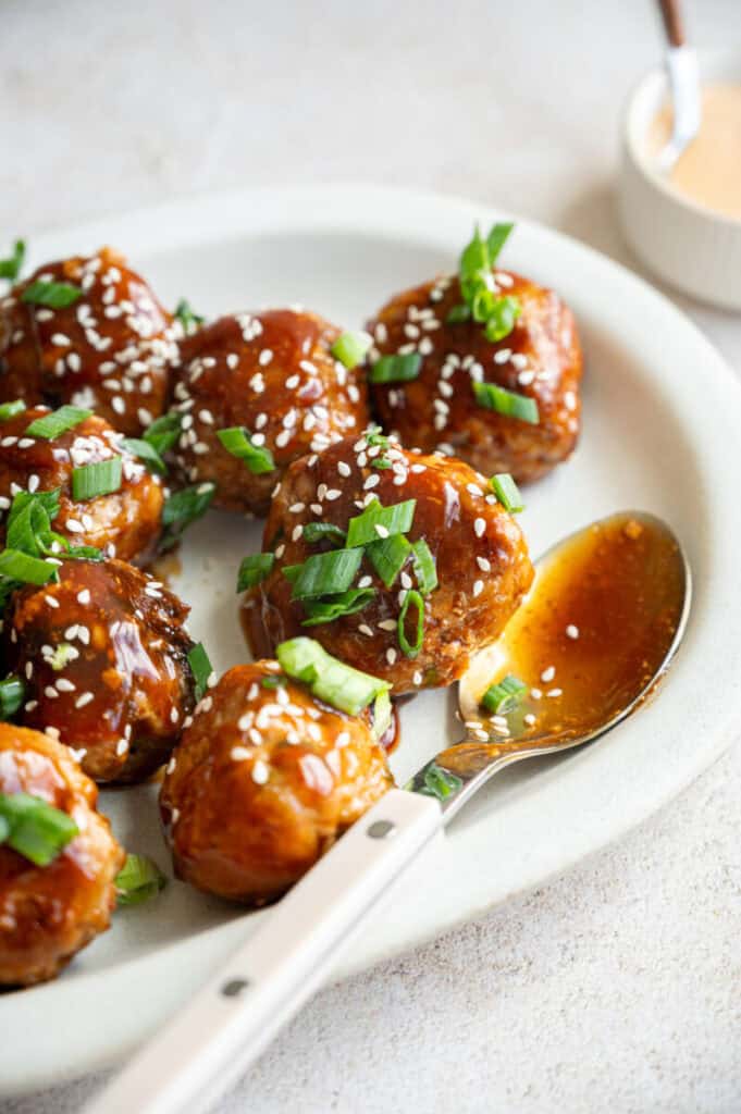 close up shot of asian pork meatballs.