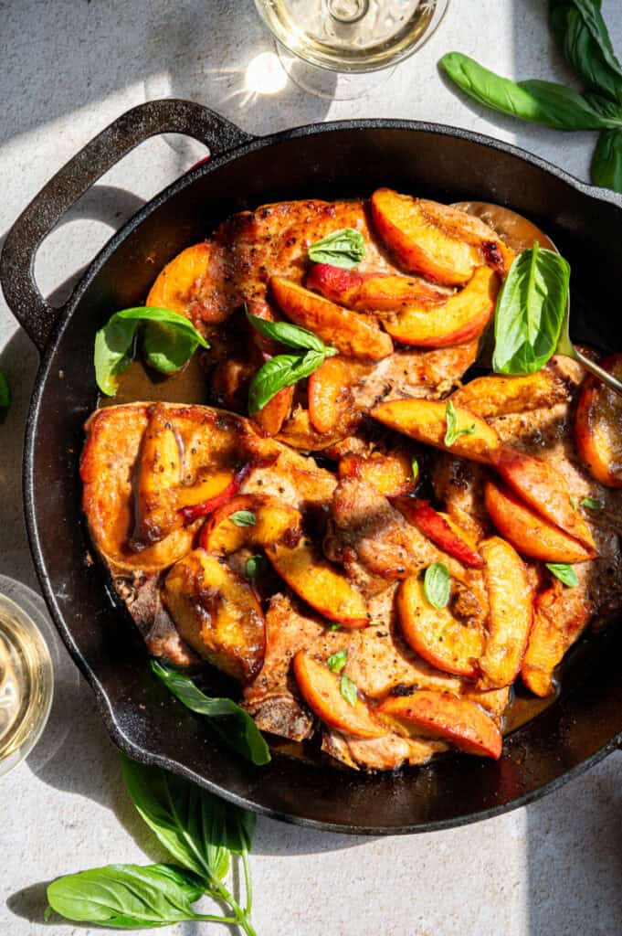 pork chops and peaches.